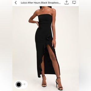 Lulus after hours black strapless ruffle maxi dress. Worn once for wedding!